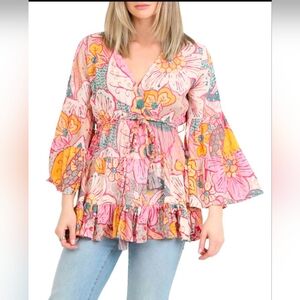 Assorted Sizes: Angie Women's V-neck Bohemian Bell Sleeve Ruffled Tunic Top-NWT